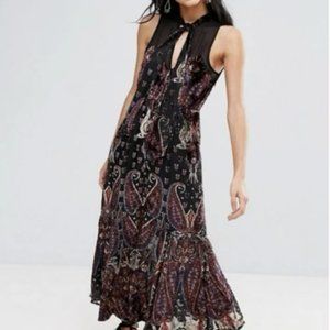 Free People Velvet Button Down Maxi Dress V Neck Tied Back Sheer Sz 6
